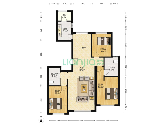 橡树湾五期 3室1厅2卫 145平方