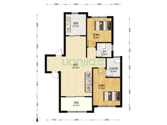 天房心著华庭 2室1厅2卫 126平方