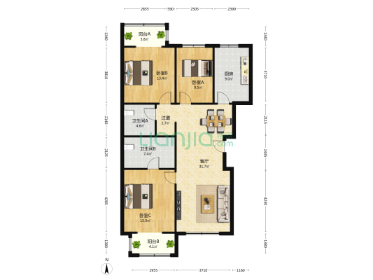 黄金台住宅小区 3室1厅2卫 129平方