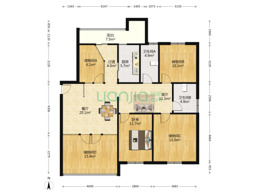 凯悦豪庭 1室2厅2卫 154平方