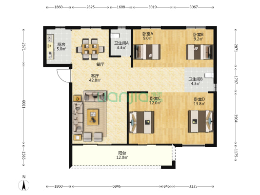 弘祥天璟 4室1厅2卫 140平方