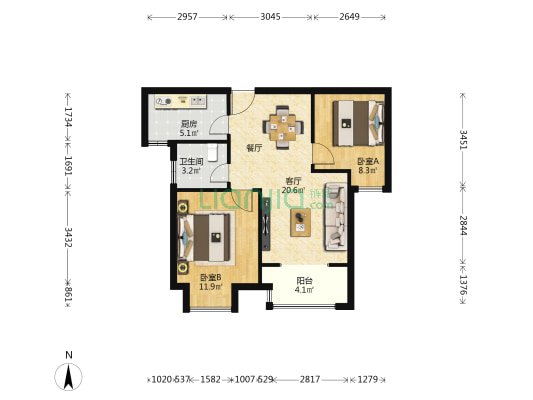 荣民宫园学府 2室1厅1卫 74平方