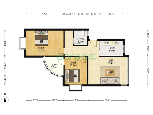 金禾苑1号B区 2室1厅1卫 81平方