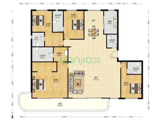 上德花园 4室1厅5卫 298平方