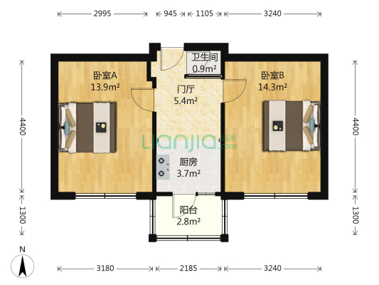 亚麻小区 2室0厅1卫 53平方