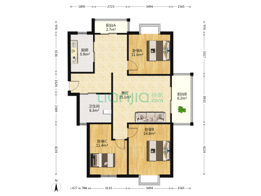 湖畔春天 3室1厅1卫 116平方