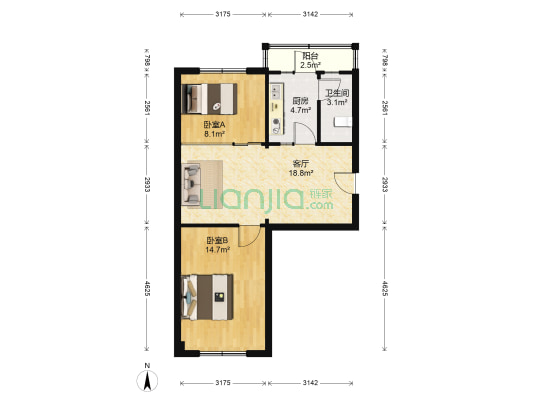 建大一小区 2室1厅1卫 70平方