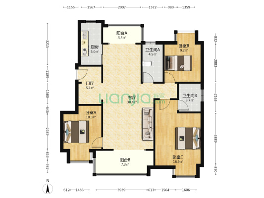 华勤湖畔花园 3室1厅2卫 110平方