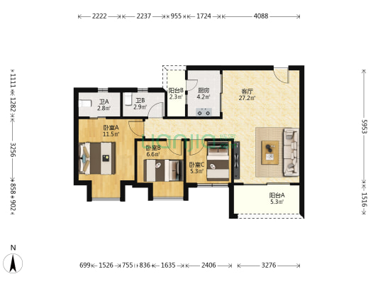 雅然轩 3室1厅2卫 77平方