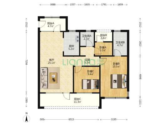 保利叁仟栋三期 3室1厅2卫 118平方
