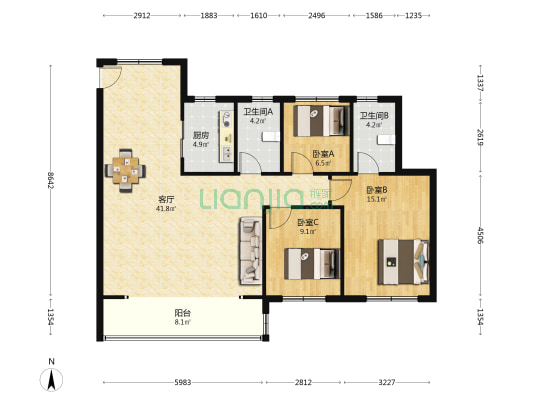 建湖水木清华 3室1厅2卫 135平方