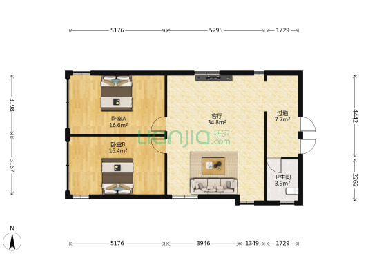 荣宝华星光大厦 2室1厅1卫 55平方