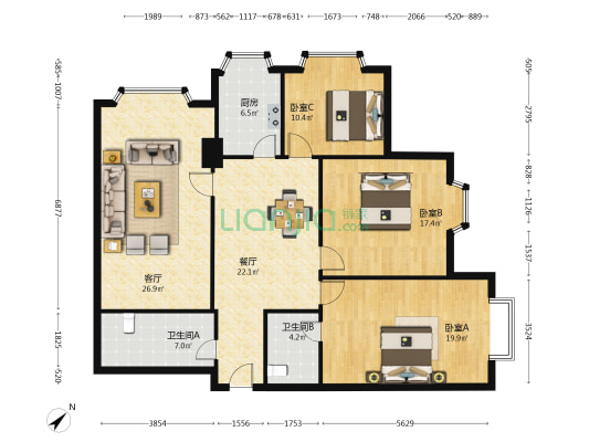 北斗星大厦 3室2厅2卫 153平方
