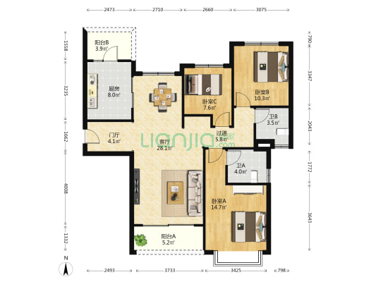 恒大美丽沙天瑞湾 3室1厅2卫 135平方