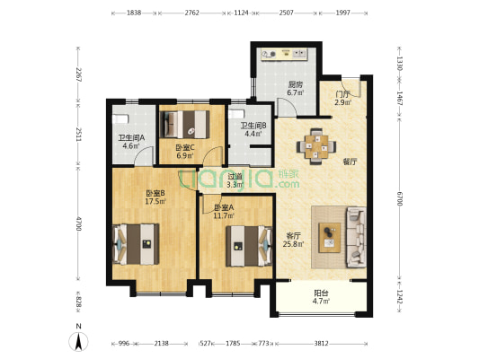 曲江九里东区 3室1厅2卫 118平方