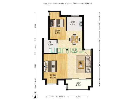 绿岛新城 2室1厅1卫 77平方