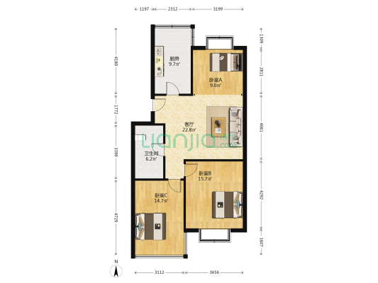 湖岛村 3室1厅1卫 149平方