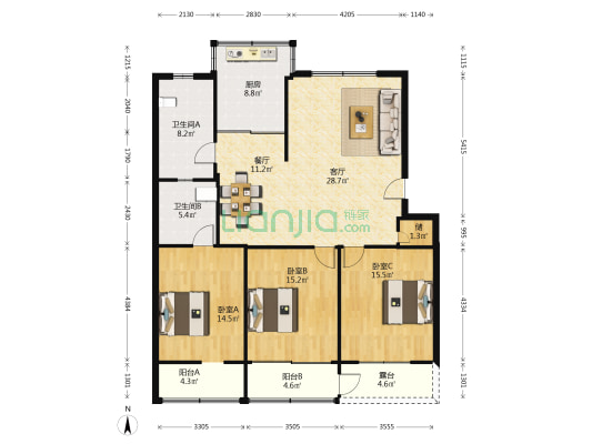 新通海大厦 3室2厅2卫 135平方