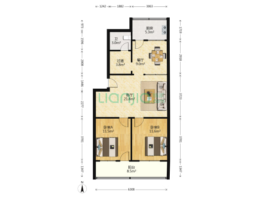 电信局小区 2室2厅1卫 85平方