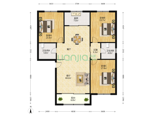 东升大道208号 3室1厅2卫 141平方