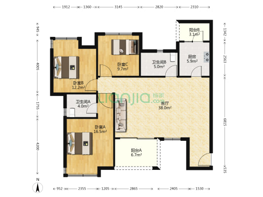 领地花屿二期 3室1厅2卫 115平方
