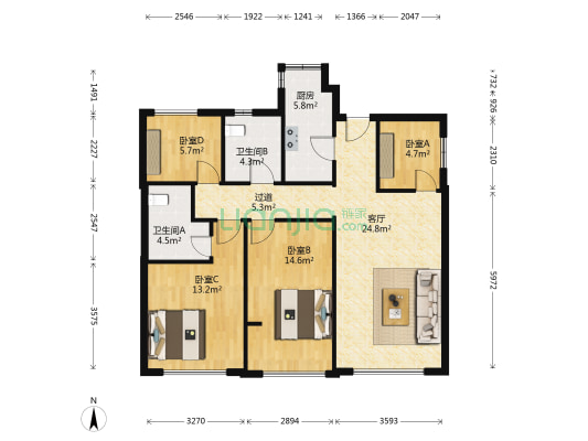 众安朝阳8号 4室1厅2卫 88平方