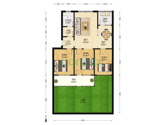 市计划委员会宿舍 3室2厅1卫 90平方