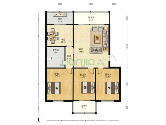 锡苑 3室2厅1卫 134平方