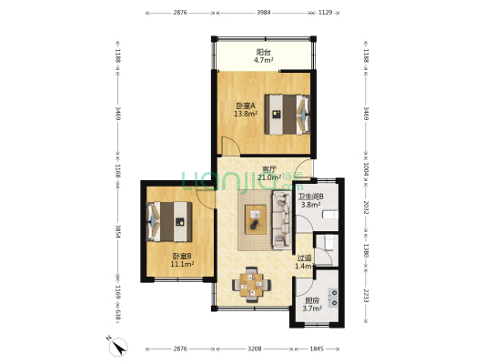 宝山公寓 2室1厅2卫 70平方