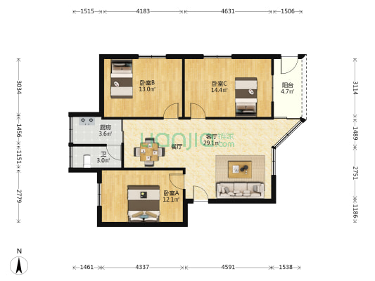 五山税务局宿舍 3室1厅1卫 90平方