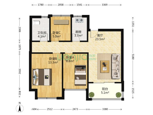 朗诗青春街区 3室1厅1卫 76平方