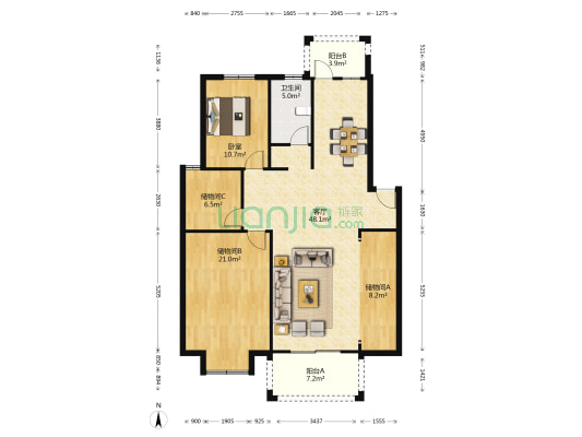 滨江名苑 1室1厅1卫 129平方
