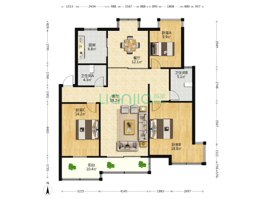 港龙花园 3室2厅2卫 135平方