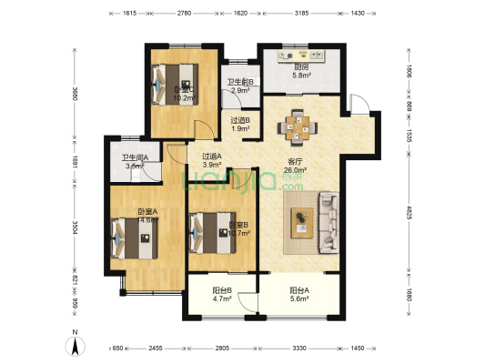 中南世纪城三期玺园 3室1厅2卫 121平方