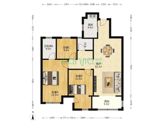 吾悦华府C区 3室1厅2卫 108平方
