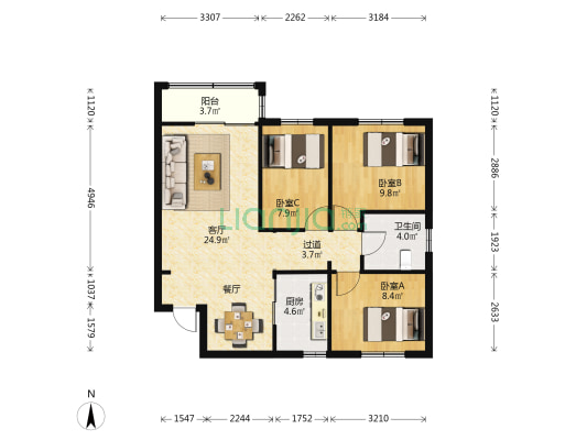 铁合金怡芳苑小区 3室1厅1卫 80平方