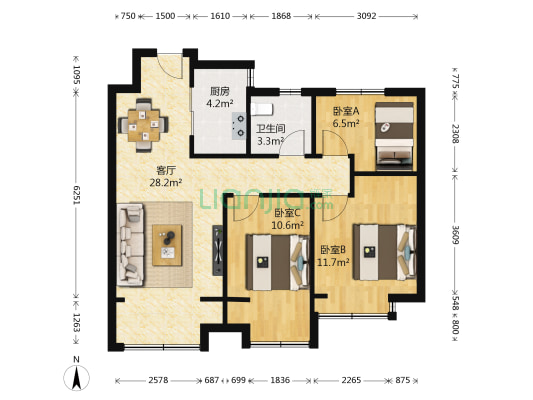 万科幸福里一期 3室1厅1卫 94平方
