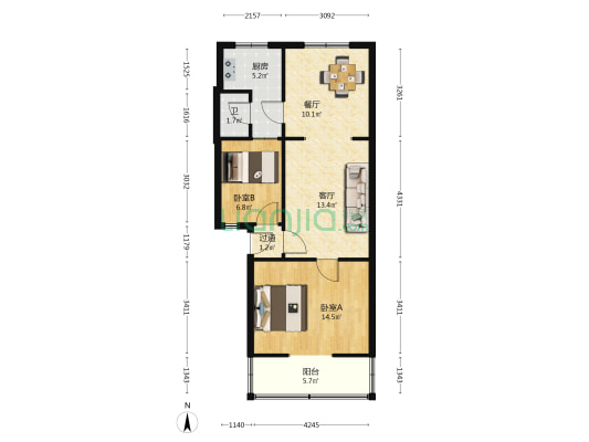 渝州路80号 2室2厅1卫 55平方