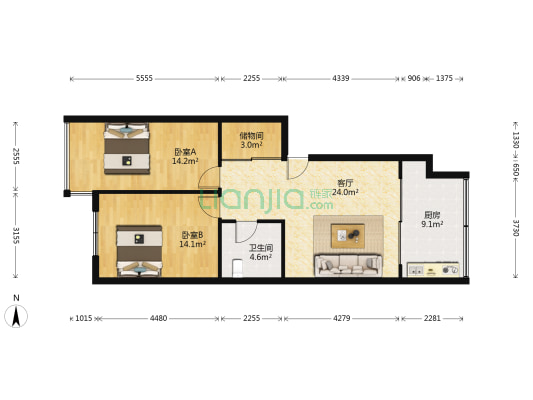 锦绣花园 2室1厅1卫 94平方