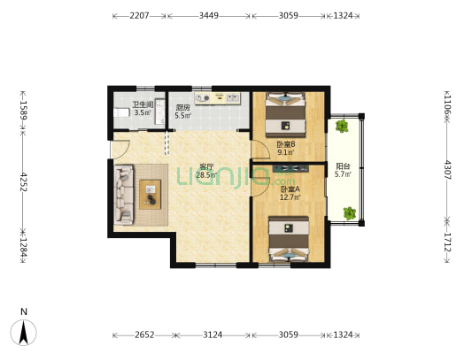 长江新村2号 2室1厅1卫 97平方