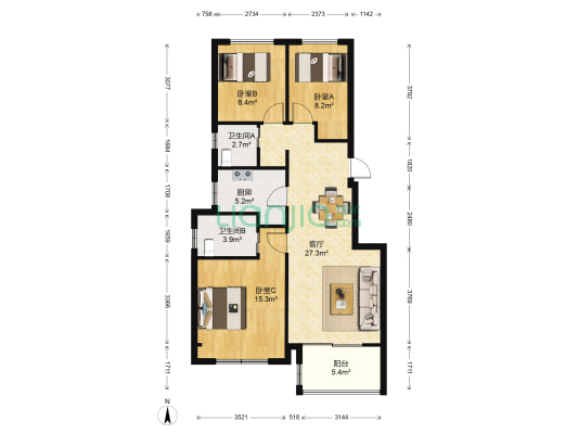 金地艺境东区 3室1厅2卫 89平方