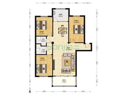 兰州市中级人民法院家属院 3室1厅2卫 107平方