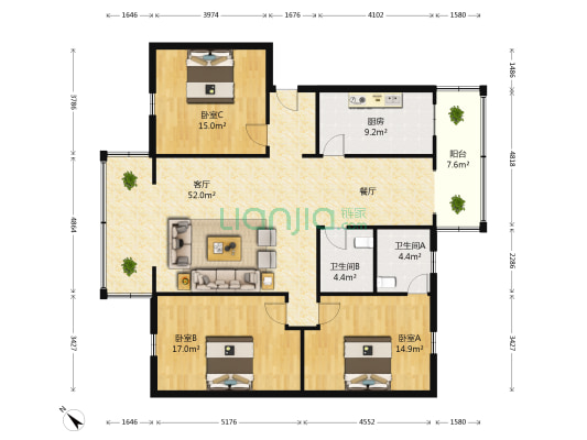瑞通花园 3室1厅2卫 160平方