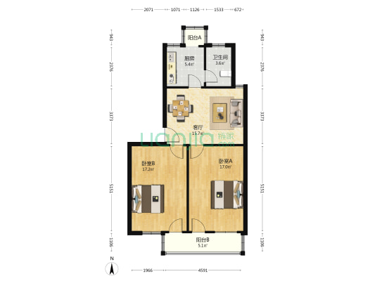 中宅路 2室1厅1卫 78平方