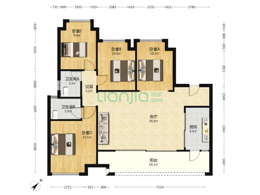 合谊理想城二期 4室1厅2卫 139平方