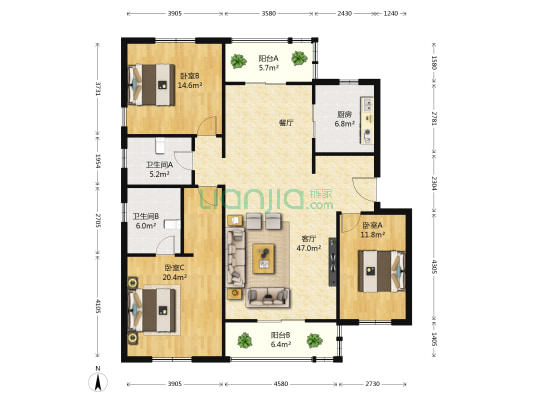 加州玫瑰园南区 3室1厅2卫 128平方