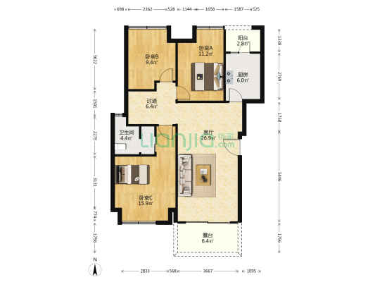 中航昕晖璟辰 3室1厅1卫 126平方