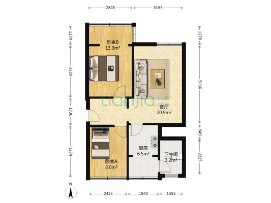 区政府宿舍 2室1厅1卫 59平方