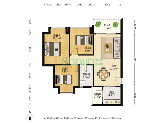 华盈四季阳光 3室1厅1卫 83平方