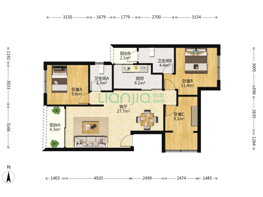彩虹居 3室1厅2卫 94平方